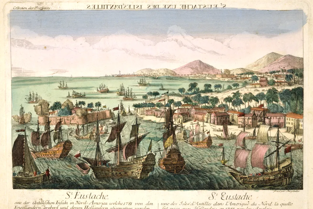 An illustration of a British fleet seizing the Dutch island of St. Eustatius in February 1781