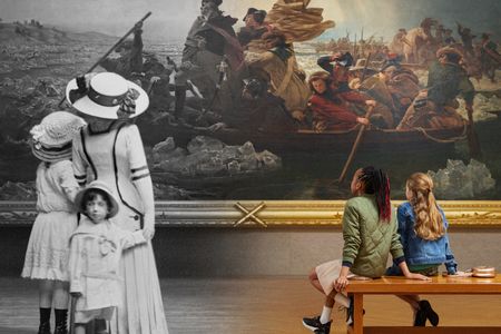 Left, 19th century visitors view Washington Crossing the Delaware (1851) by Emanuel Leutze; right, 21st- century visitors gaze upon the same work. 