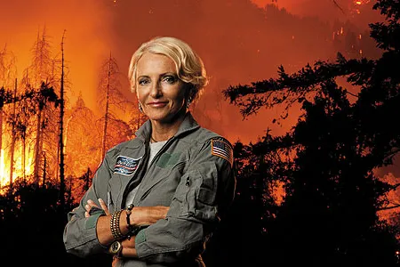 Patty Wagstaff’s latest mission:  use the discipline of aerobatics to combat the chaos of California wildfires (photo-composite).