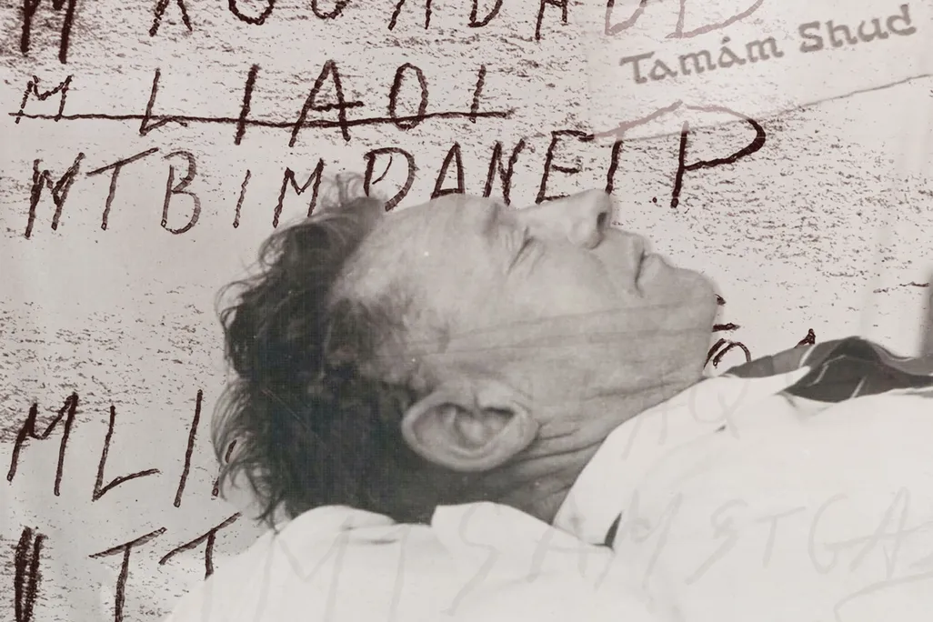 Illustration of Somerton Man's autopsy photo, overlaid on the "code" found in his copy of a Persian poetry book