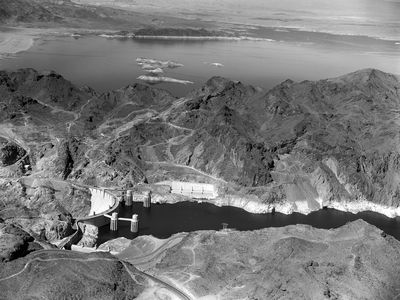 Ariel view of the Hoover Dam captured in 1967