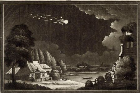 An artist's rendering of a meteor passing over the British Isles in 1783. Unlike the L'Aigle meteor a few decades later, the meteorites from this event were not witnessed falling to the ground, and thus meteorites remained a scientific mystery for another 20 years.