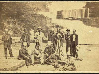 Secretary of State William Seward, far right, with British Minister Lord Lyons, sitting third from right, and other international diplomats at Trenton Falls in New York.