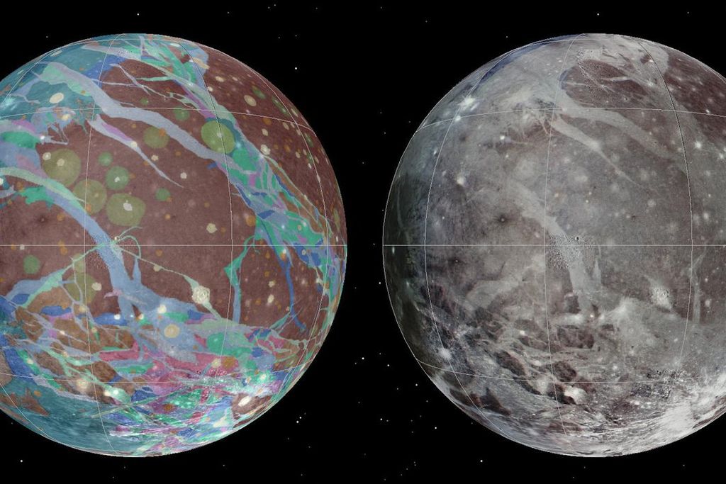 An image of Jupiter's largest moon, Ganymede. The images are geologic maps of the moon taken by NASA's Voyager 1 and 2 spacecraft and NASA's Galileo spacecraft.