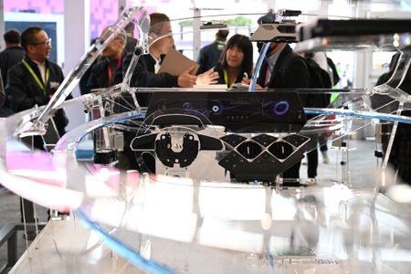 Examples of computing hardware architecture supporting an AR and IR environment inside a car of the near future are displayed at the Valeo booth at CES 2023 in Las Vegas.