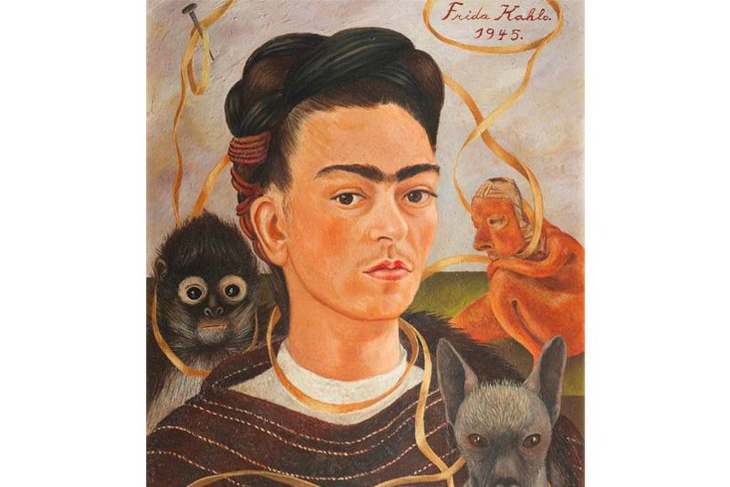 Kahlo makes eye contact with the viewer in this portrait of her head; she is encircled by a golden ribbon, a gray dog, a monkey and a folk art-inspired statue behind her shoulder