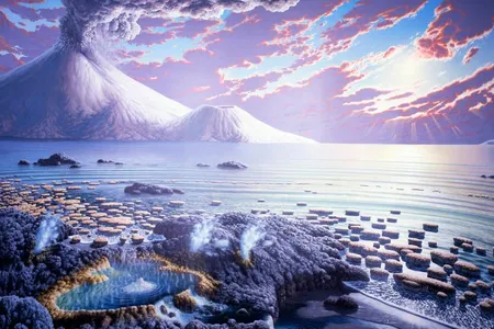 An artist's depiction of Earth during the Archean Eon, from 4 to 2.5 billion years ago, when life consisted of only single-celled microbes with no nucleus (prokaryotes). How these primitive organisms first formed from chemical reactions remains one of the greatest mysteries of science. 