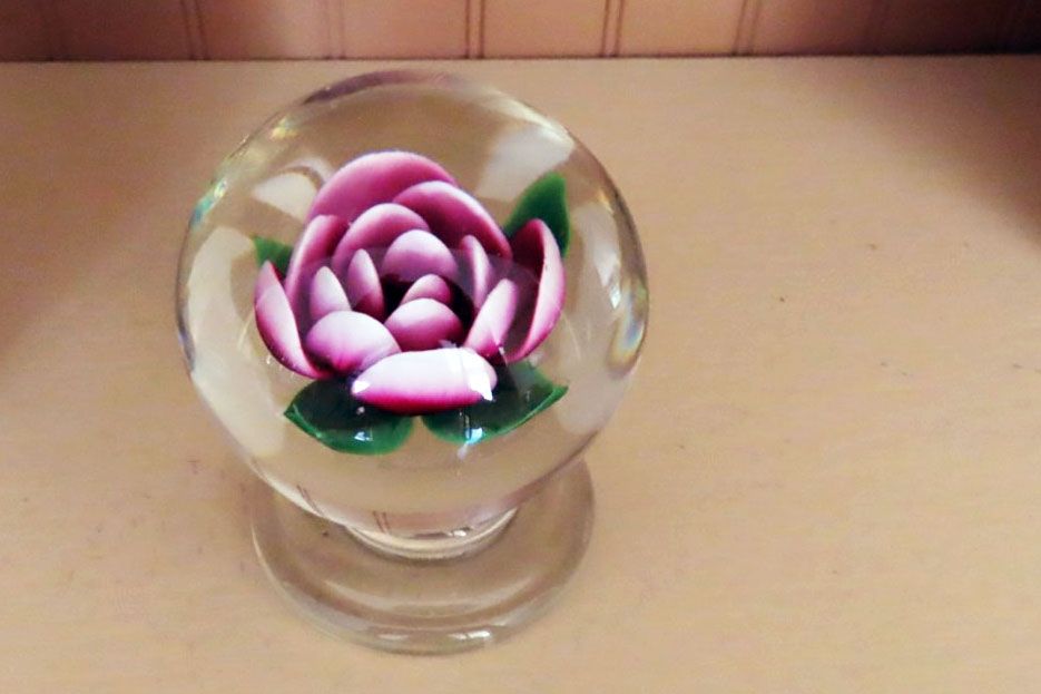 The glass orb seen from above, showing the well-defined pink rose petals.