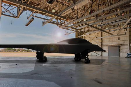 An artist’s concept of the Northrop Grumman B-21 Raider. The bomber will fly initial missions with pilots but could eventually fly without them.