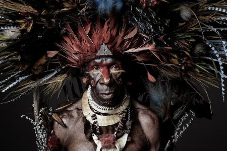 Joseph Kayan, a Goroka Show participant from Chimbu Province, wears boar tusks and the tail of a tree kangaroo around his neck. The design of his headdress is specific to his village: it includes bird-of-paradise feathers, with reeds to fill out the shape. His armlets hold sprigs of plants from his region.