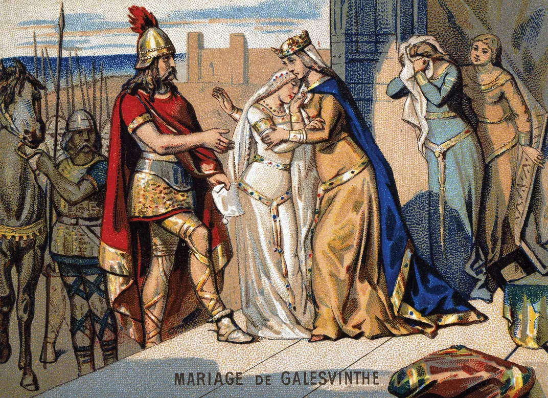 painting of woman in bridal attire embracing a man as others look on at the ceremony