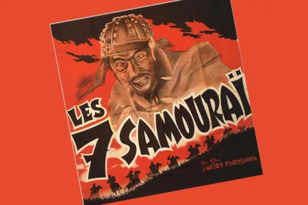 Legendary actor Toshiro Mifune, defiant, in a 1954 French poster for Seven Samurai.