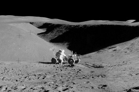 The Apollo 15 Lunar Roving Vehicle at the edge of the sinuous Rima Hadley, July 30, 1971.