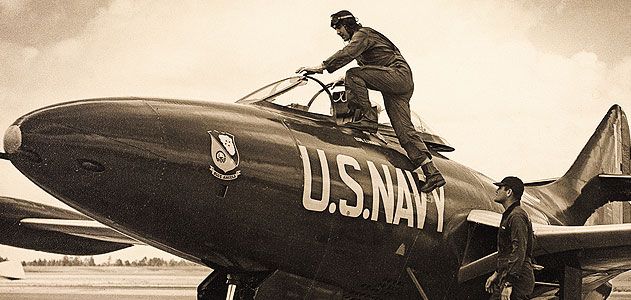 John Magda (mounting his Blue Angel Panther in 1950)