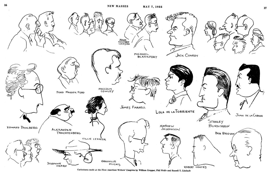 Caricatures made at the First American Writers' Congress by William Gropper, Phil Wolfe and Russell T. Limbach