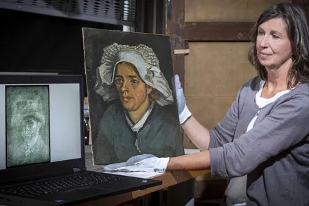 Stevenson holds&nbsp;Head of a Peasant Woman beside the X-ray of the concealed van Gogh self-portrait.