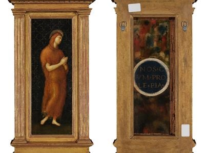The painting measures less than 15 inches tall and just over 5 inches wide. The verso of the panel includes part of a Marian prayer.