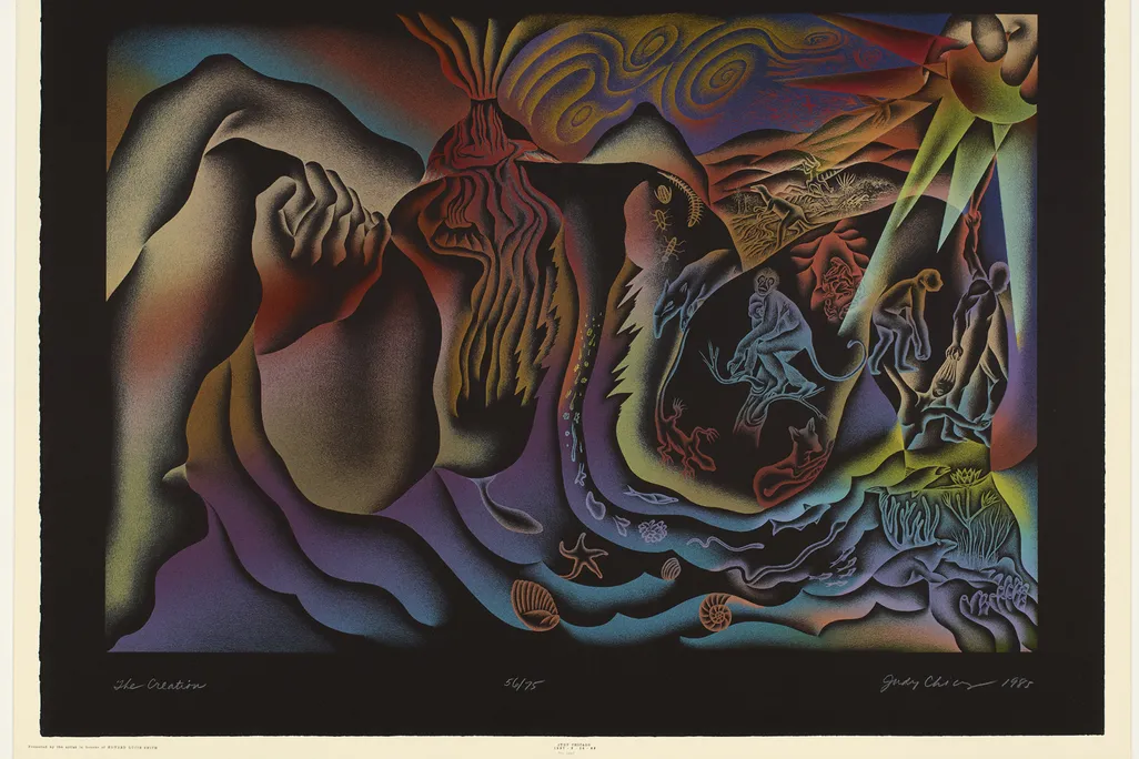A colorful nature scene shows a bursting creation of the world, hearkening back to female power.