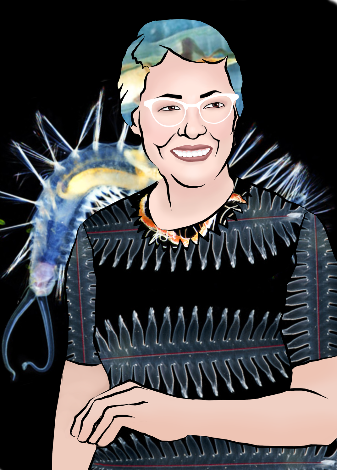 Portrait of Marian Pettibone with polychaetes overlaid