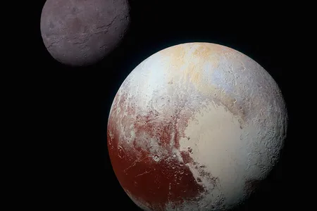 Pluto, and its largest moon Charon, as seen from the New Horizons spacecraft.