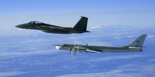 A U.S. fighter meets a Russian bomber over Alaska.