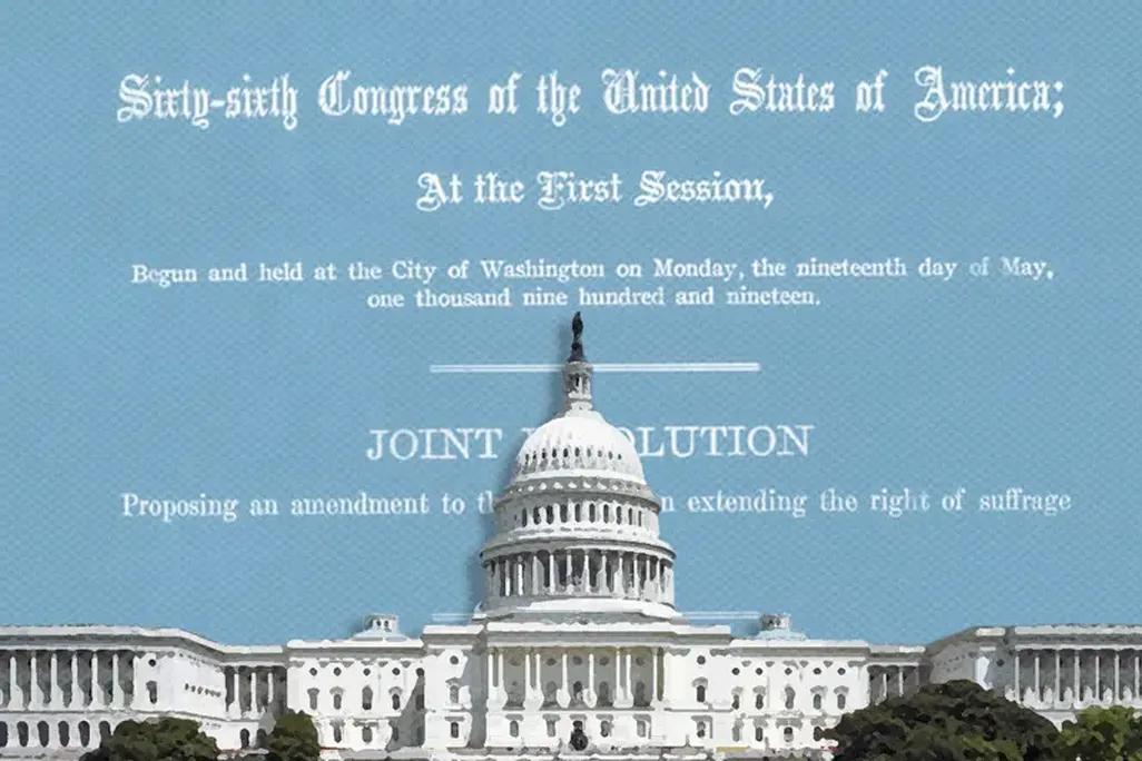 GIF of 19th Amendment text scrolling behind Capitol