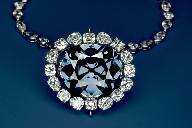 Bright Blue Hope Diamond Necklace on a Blue Background
