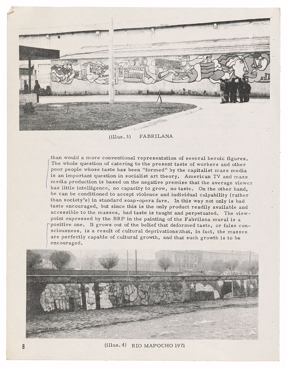 Photocopy of article "Murals for the People of Chile" written by Eva and James Cockcroft and originally published in San Francisco-based journal Towards Revolutionary Art. 