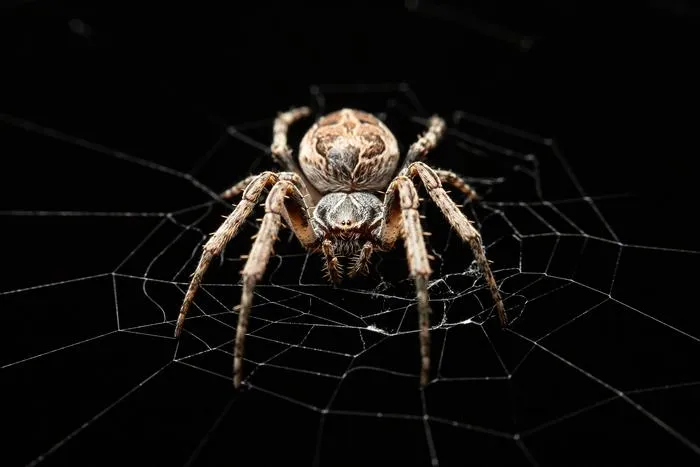 a brown spider on a web against a black background