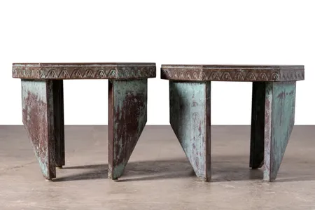 These custom copper stools from Price Tower were sold in 2024 and later purchased by the&nbsp;Frank Lloyd Wright Building Conservancy.