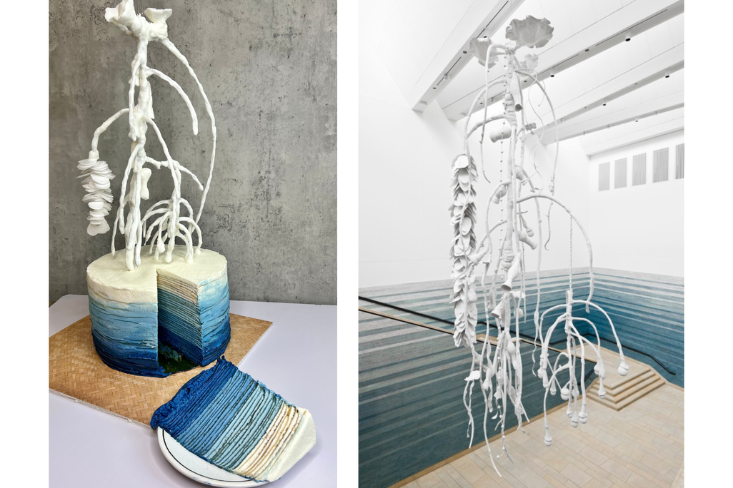 Side-by-side of cake with white sculpture