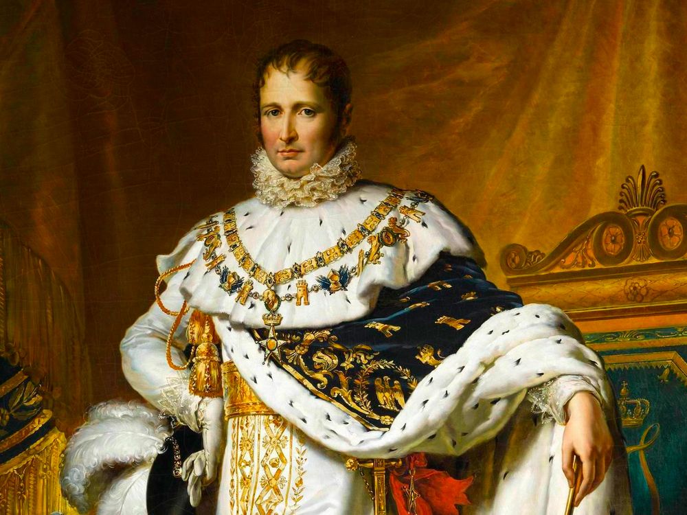 A state portrait of Bonaparte, standing in a regal position bedecked in extravagant furs, finery, gold, and white silk; he holds a scepter in one hand and stands in front of an elegant gold curtain