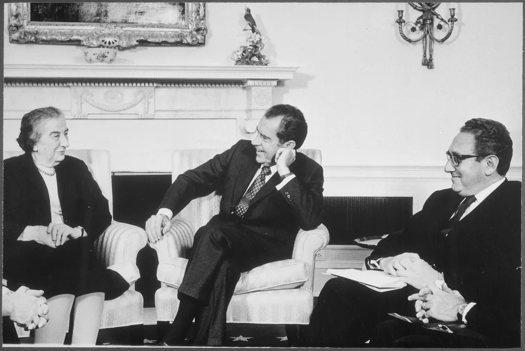 L to R: Meir, U.S. President Richard Nixon and Secretary of State Henry Kissinger in March 1973