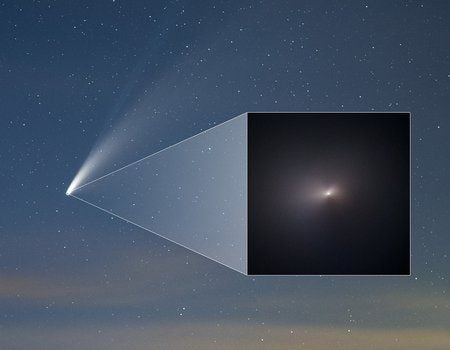 In background, a bright white streak cuts diagonally through a blue sky with hints of orange clouds below; the recent Hubble image, a black square with a cloudy white circular object in its center, is superimposed on the larger image