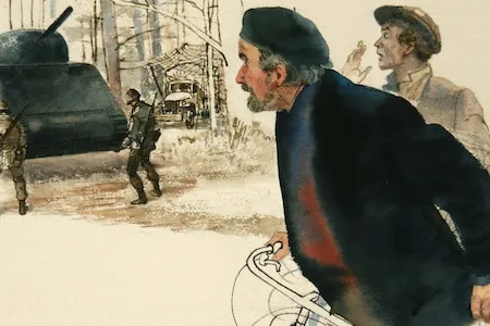 This painting depicts two Frenchmen looking shocked upon seeing four American soldiers lift a 40-ton tank.