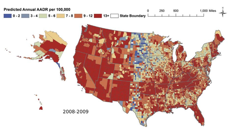The distribution of drug deaths in American counties from 2008 to 2009