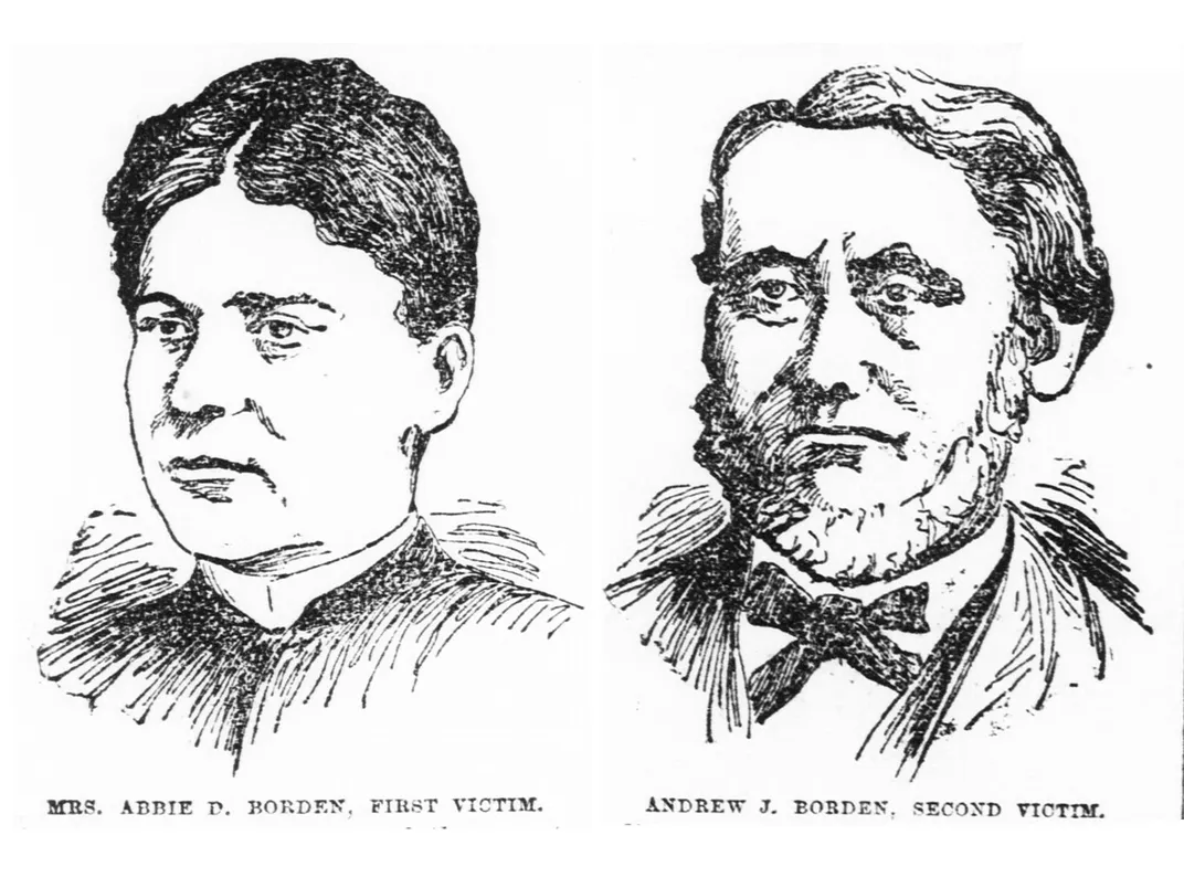 Newspaper sketches of Borden's stepmother, Abby Borden (left), and father, Andrew Borden (right)