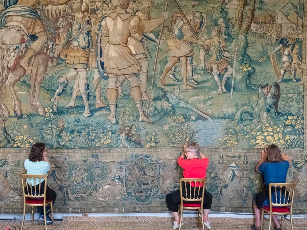 View of one of the Gideon tapestries being restored
