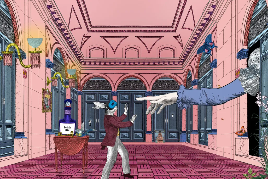 A white rabbit in a maroon topcoat wanders with hands oustretched in an ornate pink hall, wearing a VR headset; behind the rabbit, a table with a potion labeled DRINK ME; nearby, a large disembodied outstretched hand points at the rabbit