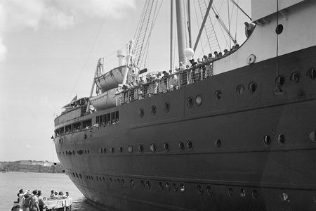 German-Jewish refugees are shown at the rail of the German Liner St. Louis in Havana Cuba on June 1, 1939.