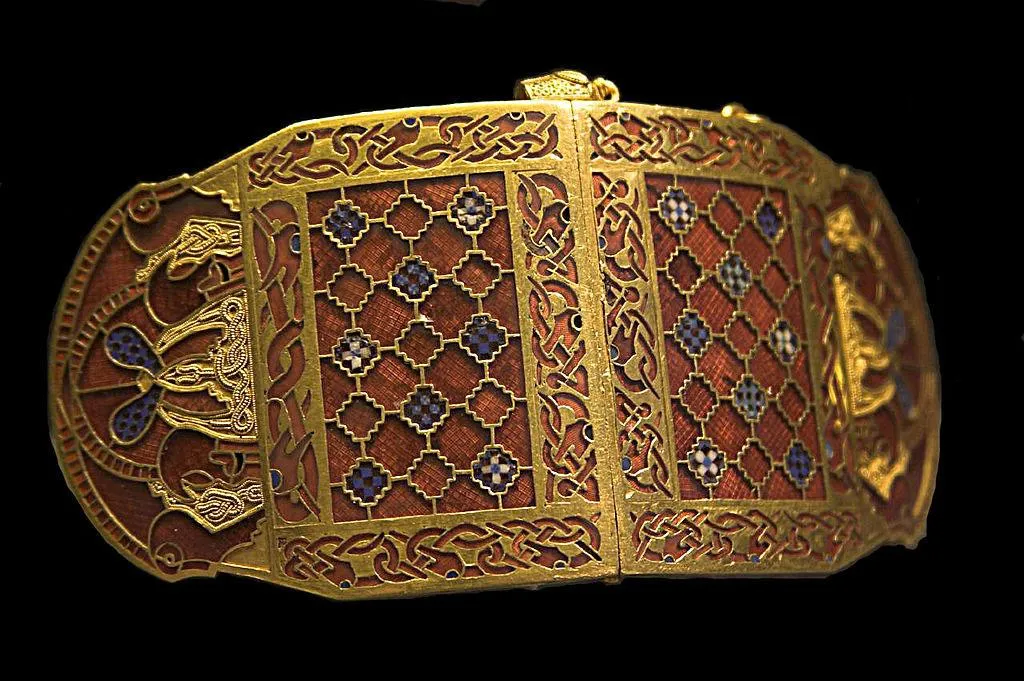 a gold shoulder clasp found in the burial of the Anglo-Saxon ship Sutton Hoo