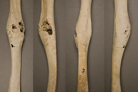 Multiple views of the young teen's right humerus arm bone that runs from the shoulder to the elbow show where the tumor left its mark. 