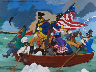 George Washington Carver Crossing the Delaware: Page from an American History Textbook, 1975, Robert Colescott, acrylic on canvas