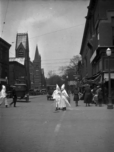 KKK members on Franklin Street in Valparaiso, Indiana, circa 1923