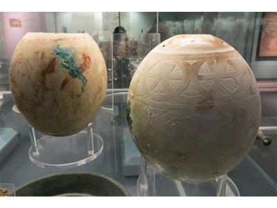 Decorated eggs from the Isis Tomb, Vulci, Italy, on display in the British Museum
