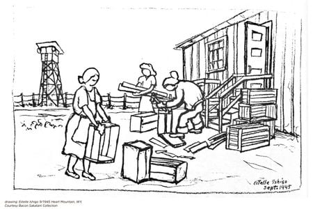 Making crates to leave the camp, September 1945, Heart Mountain, Wyoming. (Illustration by Estelle Ishigo, courtesy Estelle Ishigo Collection, Heart Mountain Wyoming Foundation. Gift of Bacon Sakatani in Memory of Arthur and Estelle Ishigo)