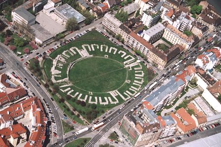 Aerial view of an amphitheater in Budapest, Hungary
