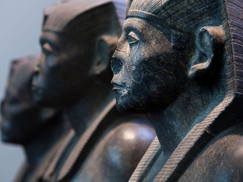 Three black granite statues of the pharaoh Senusret III, c. 1850 BC