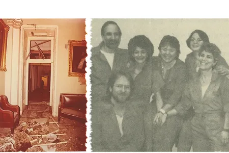 Left, part of the U.S. Capitol's north wing after a M19 bomb damaged it in 1983. Right, an image from a sympathetic pamphlet reading "Resistance is not a Crime! Stop the Political Show Trial!" showing core members of M19 (left to right, Alan Berkman, Tim Blunk, Susan Rosenberg, Linda Sue Evans, Marilyn Buck, Laura Whitehorn) in prison.