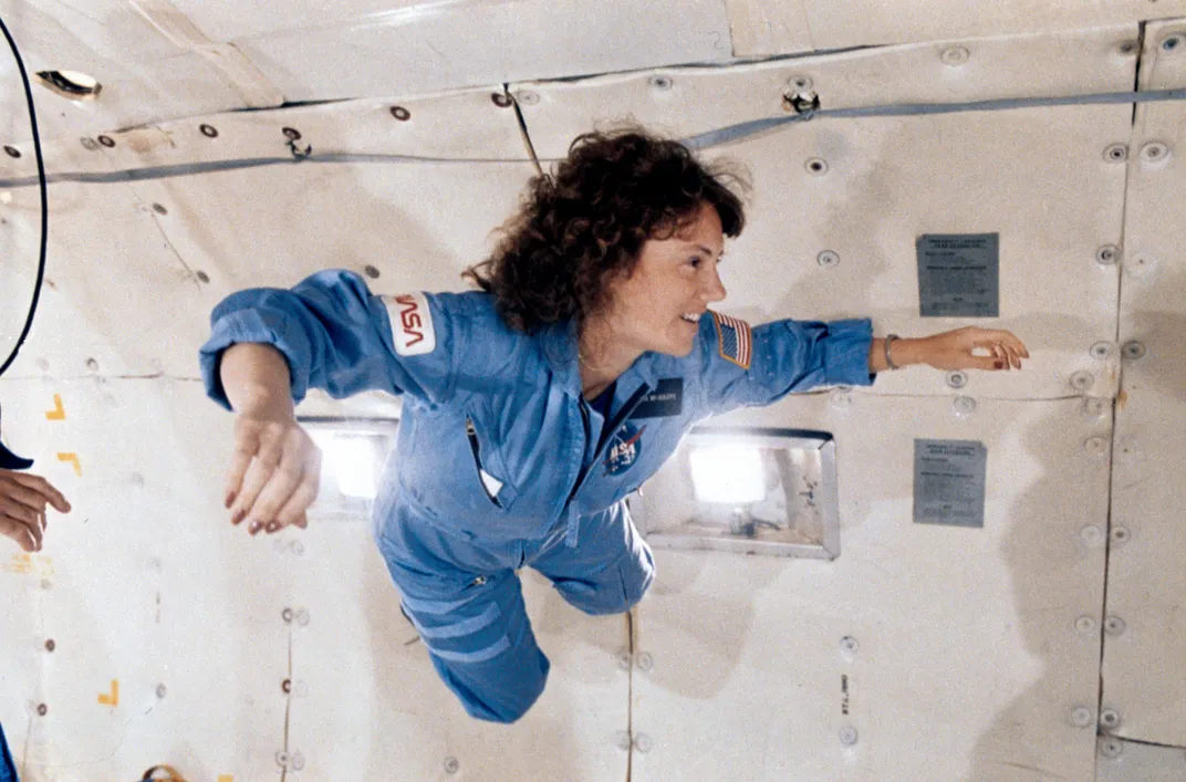 Christa McAuliffe during a microgravity flight aboard NASA's KC-135 zero-gravity aircraft, on January 8, 1986